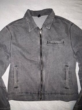 Manfinity Gray Denim Jacket with Zip Closure